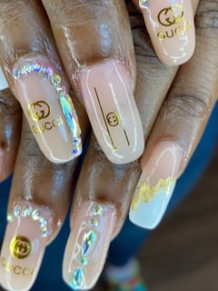 View Nails, Acrylic, Nail Finish, Long, Nail Length, Nail Color, Beige, Gold, Metallic, White, Accent Nail, Nail Style, French Manicure, Nail Jewels, Hand Painted, Nail Art, Square, Nail Shape, Oval, Squoval - Sangria Duncan, Durham, NC