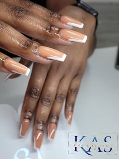 View Nails, Nail Shape, Coffin, French Manicure, Hand Painted, Nail Style, Nail Art, White, Brown, Nail Color, Beige, Nail Length, Medium, Nail Finish, Acrylic - Kirsten Slocumb, College Park, GA