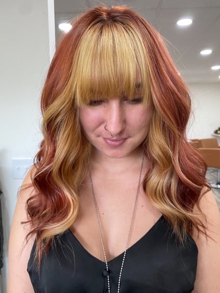 Image of  Women's Hair, Hair Color, Fashion Color, Red, Bangs, Haircuts, Curly, Hairstyles