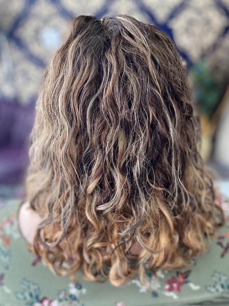 Image of  Curly, Haircuts, Women's Hair, Balayage, Hair Color, Shoulder Length, Hair Length