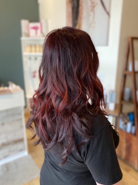 Image of  Women's Hair, Balayage, Hair Color, Red, Long, Hair Length, Layered, Haircuts, Beachy Waves, Hairstyles