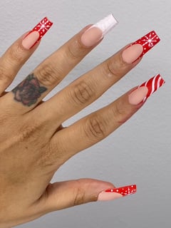 View Nails, White, Nail Art, Gel, Hand Painted, Nail Style, Nail Color, Red, Nail Length, French Manicure, Nail Finish, Long, Nail Shape, Square - Tyarra Hernandez, Apopka, FL