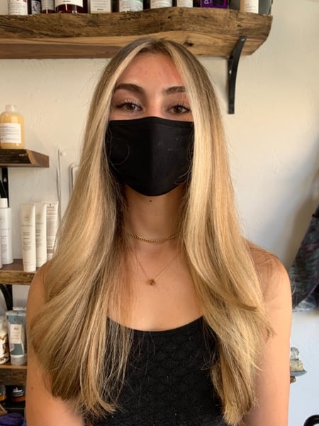 Image of  Women's Hair, Hair Color, Balayage, Blonde, Brunette, Color Correction, Foilayage, Full Color, Highlights, Ombré, Hair Length, Medium Length, Long, Layered, Haircuts