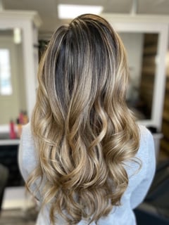 View Hair Color, Curls, Haircut, Layers, Hair Length, Long Hair (Mid Back Length), Highlights, Foilayage, Hairstyle, Beachy Waves, Blonde, Balayage, Women's Hair - Rachel Parr, Bedford, NH