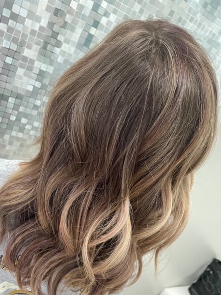 Image of  Women's Hair, Blowout, Hair Color, Brunette, Blonde, Fashion Color, Full Color, Highlights, Red, Shoulder Length, Hair Length, Layered, Haircuts, Beachy Waves, Hairstyles, Curly