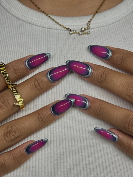 Image of  Nails, Nail Art, Gel, Pink, Black, Airbrush, Hand Painted, Almond, Nail Style, Nail Color, Nail Length, Nail Finish, Metallic, Short, Nail Shape