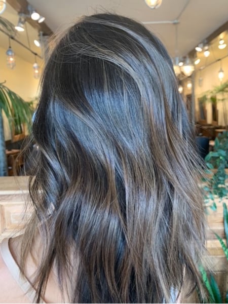Image of  Women's Hair, Hair Color, Balayage, Brunette, Foilayage, Highlights, Ombré, Hair Length, Medium Length, Long, Blunt, Haircuts, Hairstyles, Beachy Waves