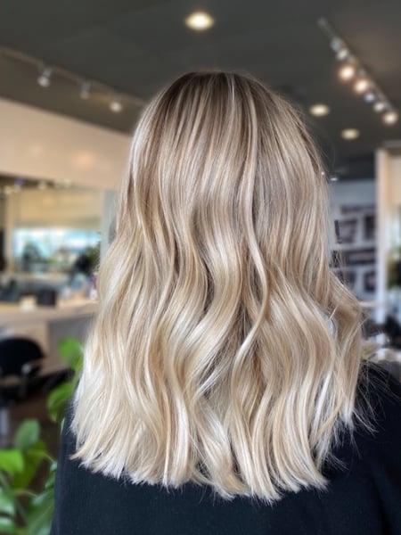 Image of  Women's Hair, Blowout, Hair Color, Balayage, Blonde, Foilayage, Medium Length, Hair Length, Blunt, Haircuts, Beachy Waves, Hairstyles, Curly