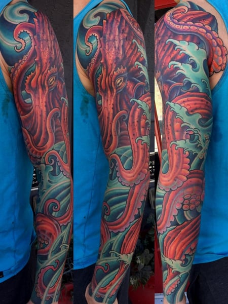 Image of  Tattoos, Tattoo Style, Tattoo Bodypart, Tattoo Colors, Japanese, Shoulder, Arm , Forearm , Wrist , Blue, Red