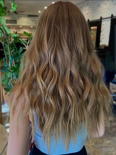 Image of  Women's Hair, Balayage, Hair Color, Brunette, Long, Hair Length, Layered, Haircuts, Beachy Waves, Hairstyles
