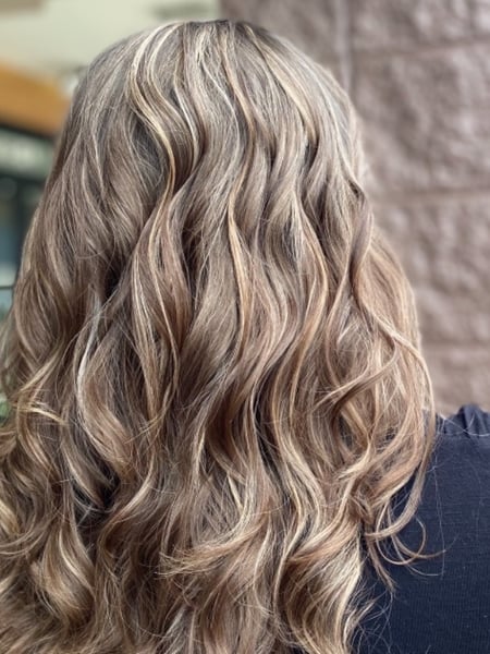Image of  Women's Hair, Balayage, Hair Color, Long Hair (Upper Back Length), Hair Length, Blunt (Women's Haircut), Haircut, Beachy Waves, Hairstyle