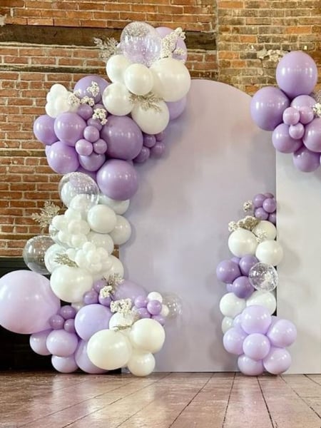 Image of  Balloon Decor, Arrangement Type, Balloon Wall, Balloon Garland, Event Type, Baby Shower, Colors, White, Purple, Accents, Flowers