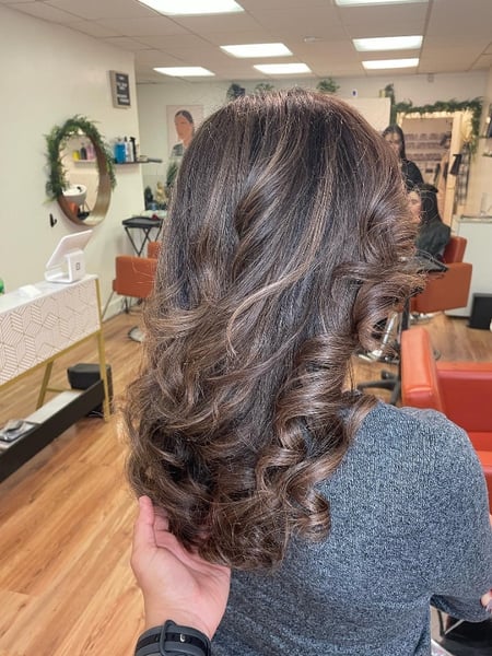 Image of  Hair Length, Women's Hair, Long, Layered, Haircuts, Curly, Coily, Foilayage, Hair Color, Brunette, Highlights, Full Color, Balayage, Blonde, Blowout, Hairstyles, Curly, Straight, Protective, Beachy Waves, Bridal, Natural, 3B, Hair Texture, Silk Press, Permanent Hair Straightening, Keratin