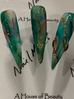 View Glitter, Green, Nail Color, Gold, Nail Length, Long, Nail Finish, Nails, Gel, Nail Art, Nail Style, Hand Painted, Brown, Glass - Amanda Welch, Oakhurst, CA