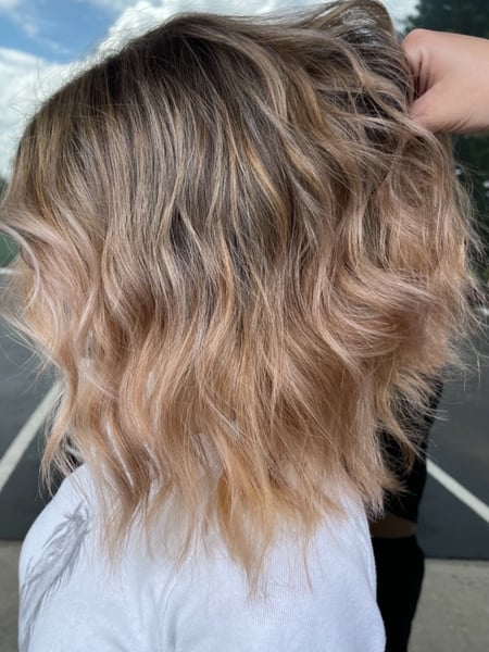 Image of  Women's Hair, Hair Color, Balayage, Blonde, Foilayage, Highlights, Hair Length, Shoulder Length, Haircuts, Blunt, Curly, Layered, Beachy Waves, Hairstyles, Curly