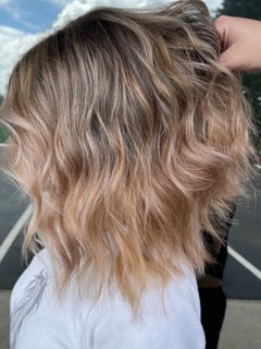 View Women's Hair, Curls, Hairstyle, Beachy Waves, Layers, Curly, Blunt (Women's Haircut), Haircut, Shoulder Length Hair, Hair Length, Highlights, Foilayage, Blonde, Balayage, Hair Color - Ashley Blevins, Oviedo, FL