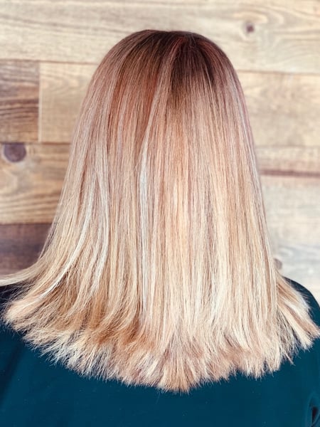 Image of  Women's Hair, Hair Color, Blowout, Balayage, Blonde, Color Correction, Highlights, Ombré, Red, Hair Length, Short Ear Length, Short Chin Length, Shoulder Length, Haircuts, Layered, Hairstyles, Straight