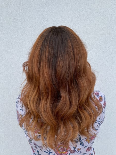 Image of  Women's Hair, Balayage, Hair Color, Red, Shoulder Length, Hair Length, Bangs, Haircuts, Blunt, Beachy Waves, Hairstyles