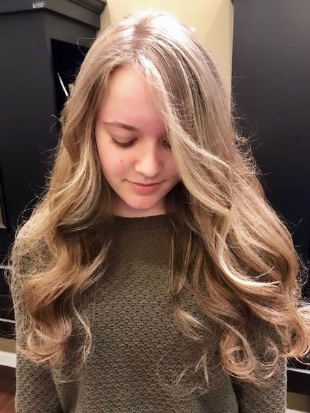 Image of  Haircut, Women's Hair, Layers, Curly, Hairstyle, Beachy Waves, Hair Color, Highlights, Blonde, Balayage, Foilayage, Long Hair (Mid Back Length), Hair Length