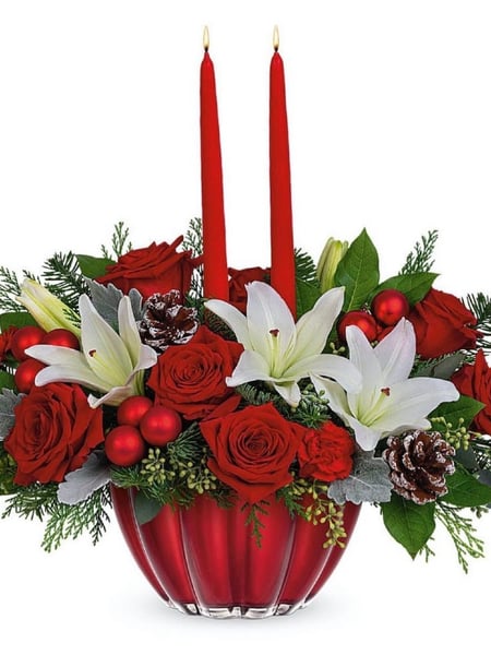 Image of  Centerpiece, Occasion, Christmas & Winter Holidays, Size & Display, Small, Fan-Shaped, Color, White, Red, Green, Flower Type, Rose, Lilies, Florist, Arrangement Type