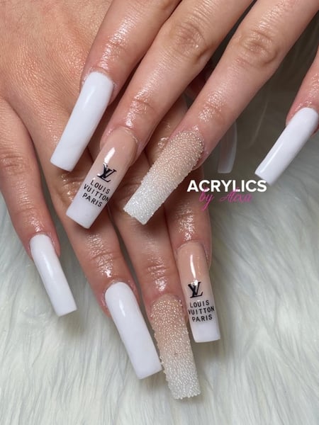 Image of  Nails, Acrylic, Nail Finish, Long, Nail Length, Beige, Nail Color, White, Accent Nail, Nail Style, Ombré, Stickers, Square, Nail Shape