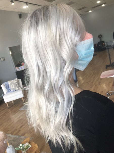 Image of  Women's Hair, Blowout, Hair Color, Blonde, Balayage, Foilayage, Highlights, Silver, Medium Length, Hair Length, Curly, Haircuts, Beachy Waves, Hairstyles, Bridal, Curly