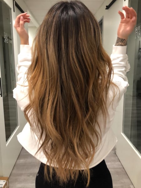 Image of  Women's Hair, Balayage, Hair Color, Brunette, Color Correction, Foilayage, Highlights, Ombré, Long, Hair Length, Blunt, Haircuts, Beachy Waves, Hairstyles