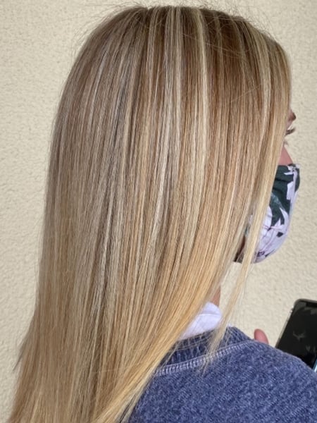 Image of  Women's Hair, Blowout, Blonde, Hair Color, Foilayage, Highlights, Hair Length, Medium Length, Blunt, Haircuts, Straight, Hairstyles, Permanent Hair Straightening