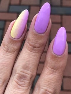 View Nails, Purple, Nail Color, Pastel, Yellow, Acrylic, Nail Finish, Long, Nail Length, Stiletto, Nail Shape, Accent Nail, Nail Style - Marnae , Washington, DC