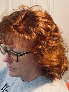 View Bob, Haircuts, Women's Hair, Layered, Coily, Curly, Bangs, Blowout, Red, Hair Color, Full Color, Shoulder Length, Hair Length - Veronica Grantham, Roanoke, VA