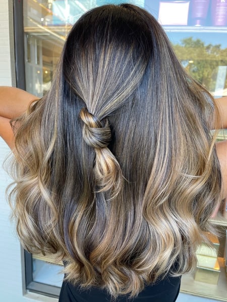 Image of  Women's Hair, Balayage, Hair Color, Black, Blonde, Brunette, Color Correction, Foilayage, Full Color, Highlights, Medium Length, Hair Length, Long, Blunt, Haircuts, Beachy Waves, Hairstyles, Boho Chic Braid, Bridal, Hair Extensions