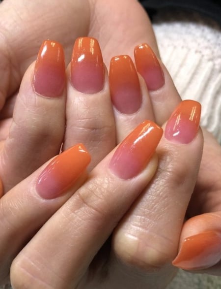 Image of  Nails, Orange, Nail Color, Pink, Acrylic, Nail Finish, Nail Length, Long, Almond, Nail Shape, Hand Painted, Nail Style