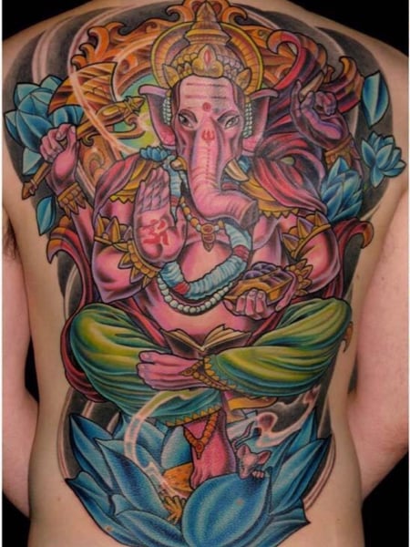 Image of  Tattoos, Tattoo Style, Tattoo Bodypart, Tattoo Colors, Japanese, Back, Blue, Gold, Green , Pink 