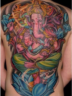 View Tattoos, Tattoo Style, Tattoo Bodypart, Tattoo Colors, Japanese, Back, Blue, Gold, Green , Pink  - Terry Ribera, San Diego, CA