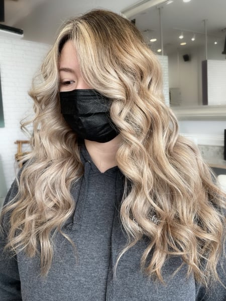 Image of  Women's Hair, Blowout, Hair Color, Balayage, Blonde, Foilayage, Highlights, Hair Length, Long, Haircuts, Layered, Hairstyles, Beachy Waves, Curly
