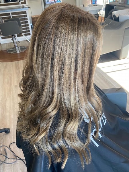 Image of  Layered, Haircuts, Women's Hair, Beachy Waves, Hairstyles, Curly, Brunette, Hair Color, Balayage, Foilayage, Highlights, Full Color