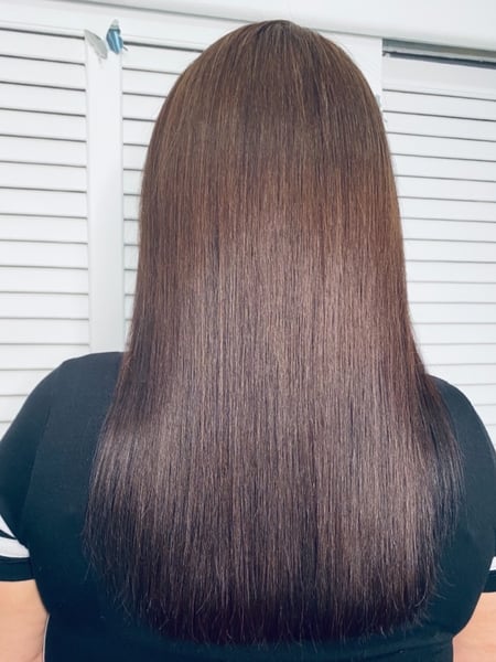 Image of  Women's Hair, Hair Color, Brunette, Full Color, Medium Length, Hair Length, Blunt, Haircuts, Straight, Hairstyles, Keratin, Permanent Hair Straightening
