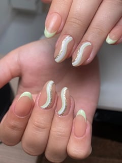 View Manicure, Nails, Nail Art, Nail Style, Hand Painted, Glitter, Nail Color, Green, White, Gel, Nail Finish, Almond, Nail Shape - Ashly Gomez, Grayslake, IL