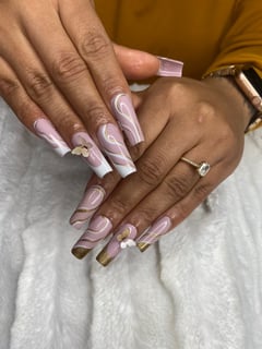 View Gel, Nails, White, Nail Art, Hand Painted, Glitter, Nail Style, Nail Color, Nail Length, French Manicure, Nail Finish, Long, Gold, Beige, Nail Shape, Square - Tyarra Hernandez, Apopka, FL