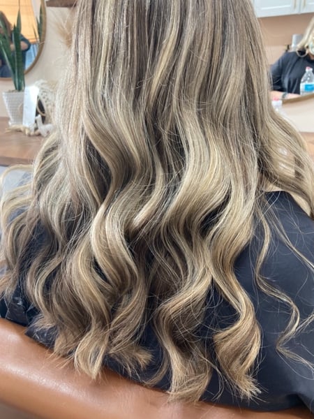 Image of  Women's Hair, Blowout, Balayage, Hair Color, Blonde, Highlights, Long, Hair Length, Blunt, Haircuts, Beachy Waves, Hairstyles, Curly