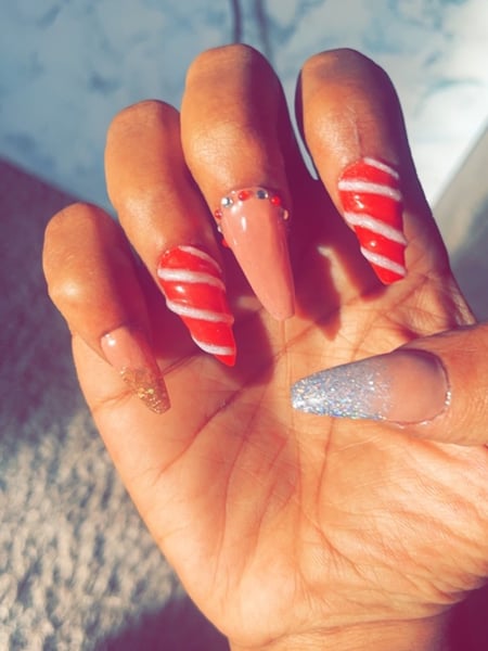 Image of  Nails, Acrylic, Nail Finish, Long, Nail Length, Glitter, Nail Color, Gold, Red, White, Mix-and-Match, Nail Style, Ombré, Nail Art, 3D, Coffin, Nail Shape, Stiletto