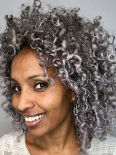 View Women's Hair, Hair Texture, Hair Color, Fashion Color, Silver, Short Chin Length, Hair Length, Curly, Haircuts, Coily, Curly, Hairstyles - Melissa , Washington, DC