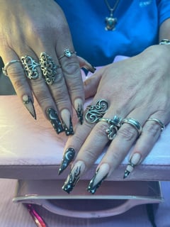 View Nails, White, Nail Art, Acrylic, Black, Hand Painted, Coffin, Nail Style, Nail Color, Nail Length, Manicure, French Manicure, Nail Finish, Stiletto, Long, Nail Shape, Nail Service Type - Jasmine Bonner, Manor, TX