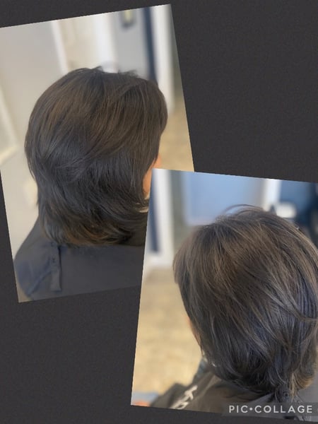 Image of  Haircuts, Blowout, Hairstyles, Women's Hair, Hair Color, Layered, Hair Length, Full Color, Black, Shoulder Length, Bangs