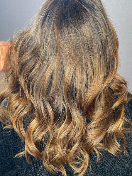 Image of  Women's Hair, Blowout, Hair Color, Balayage, Brunette Hair, Full Color, Highlights, Ombré, Long Hair (Upper Back Length), Hair Length, Curly, Haircut, Layers, Beachy Waves, Hairstyle, Curls