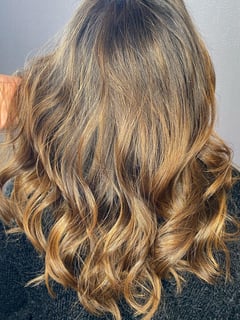 View Women's Hair, Highlights, Full Color, Long Hair (Upper Back Length), Brunette Hair, Balayage, Hair Color, Hair Length, Curly, Haircut, Layers, Beachy Waves, Hairstyle, Curls, Ombré, Blowout - Nicole Hollar, Charlotte, NC