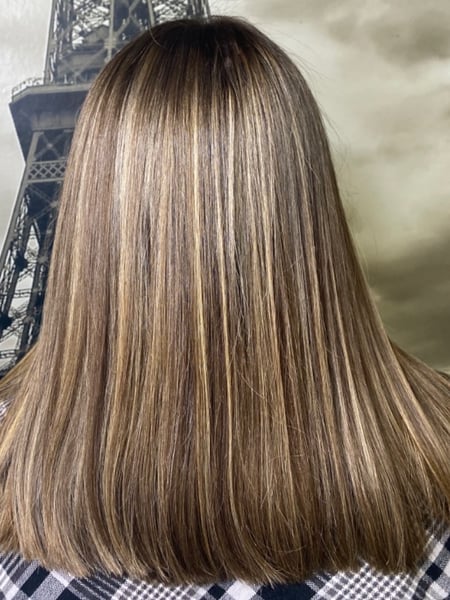 Image of  Women's Hair, Hair Color, Brunette, Blonde, Highlights, Shoulder Length, Hair Length, Blunt, Haircuts, Straight, Hairstyles, Hair Restoration