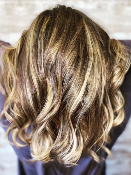 Image of  Women's Hair, Balayage, Hair Color, Blonde, Brunette, Color Correction, Medium Length, Hair Length, Layered, Haircuts, Curly, Beachy Waves, Hairstyles