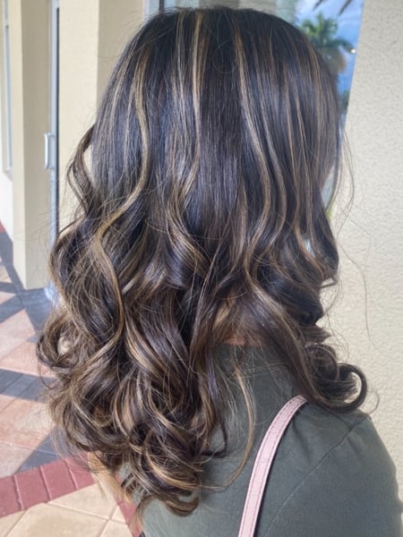 Image of  Women's Hair, Blowout, Hair Color, Balayage, Foilayage, Highlights, Medium Length, Hair Length, Blunt, Haircuts, Beachy Waves, Hairstyles, Curly