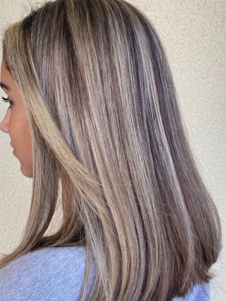Image of  Women's Hair, Blowout, Hair Color, Blonde, Brunette, Foilayage, Highlights, Medium Length, Hair Length, Blunt, Haircuts, Hairstyles, Straight